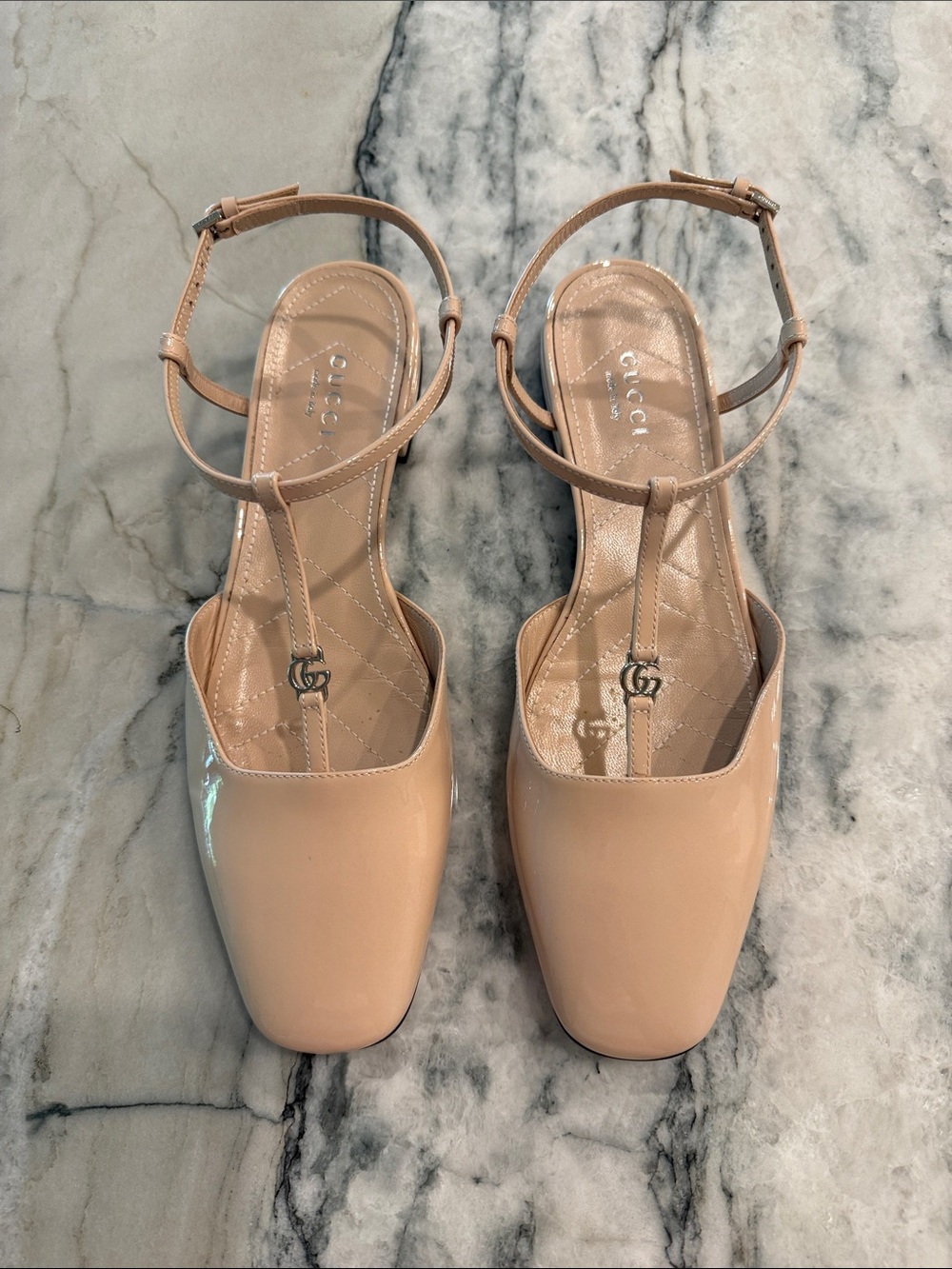 Gucci Beige Patent Leather T-Strap Mules